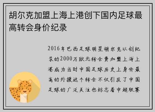 胡尔克加盟上海上港创下国内足球最高转会身价纪录 胡尔克加盟上海上港创下国内足球最高转会身价纪录